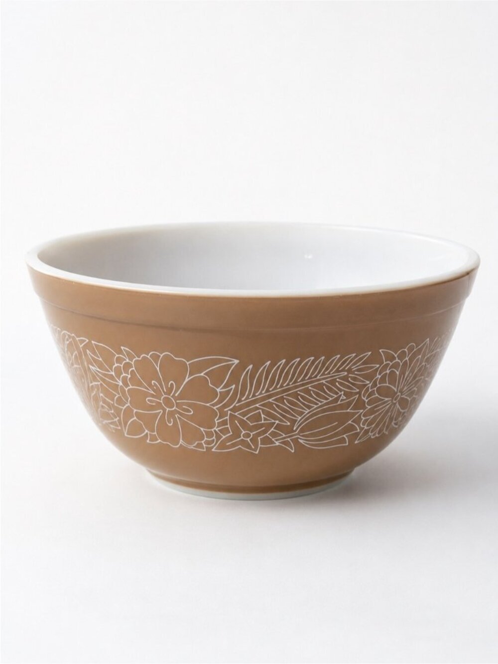 Pyrex Woodland Brown Mixing Bowl 402 1.5L White Floral Vintage USA